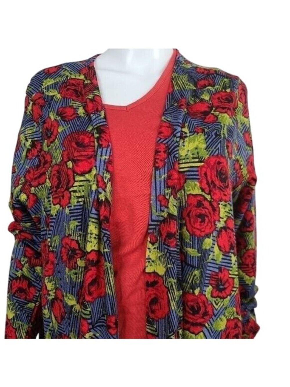 LuLaRoe Floral Duster Cardigan XL Long Sleeve Open Front Red Roses Multicolor